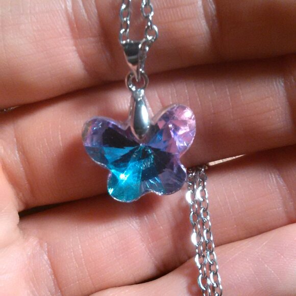 Mystic Color Crystal Brass Butterfly Pendant Stainless Steel Necklace - Picture 10 of 12